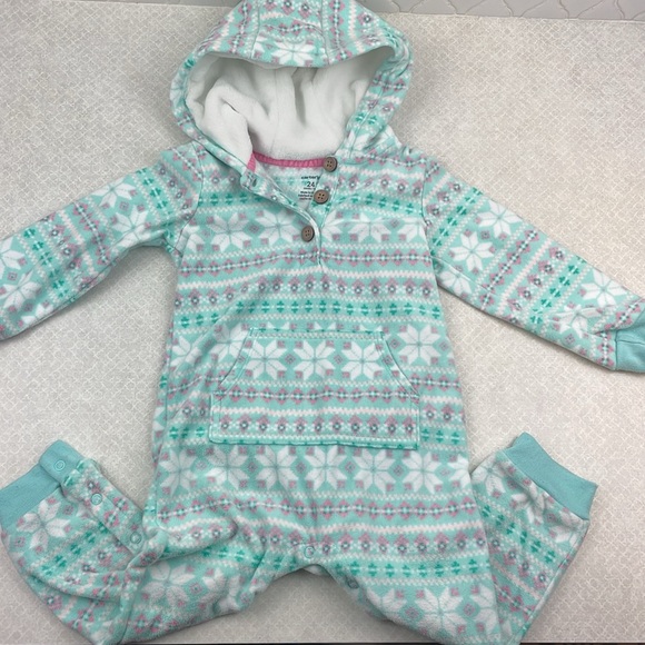 Carters Fleece Hooded Snowflake Onesie Size 18-24 months - Picture 2 of 8